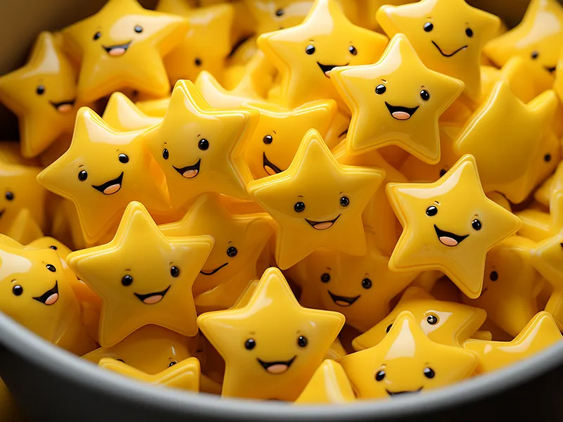 Bowl filled with glossy yellow star-shaped emojis featuring smiling faces, representing positive reviews and five-star ratings.